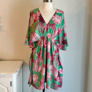 Green & Pink Palm Print Empire Waist Mini Dress,